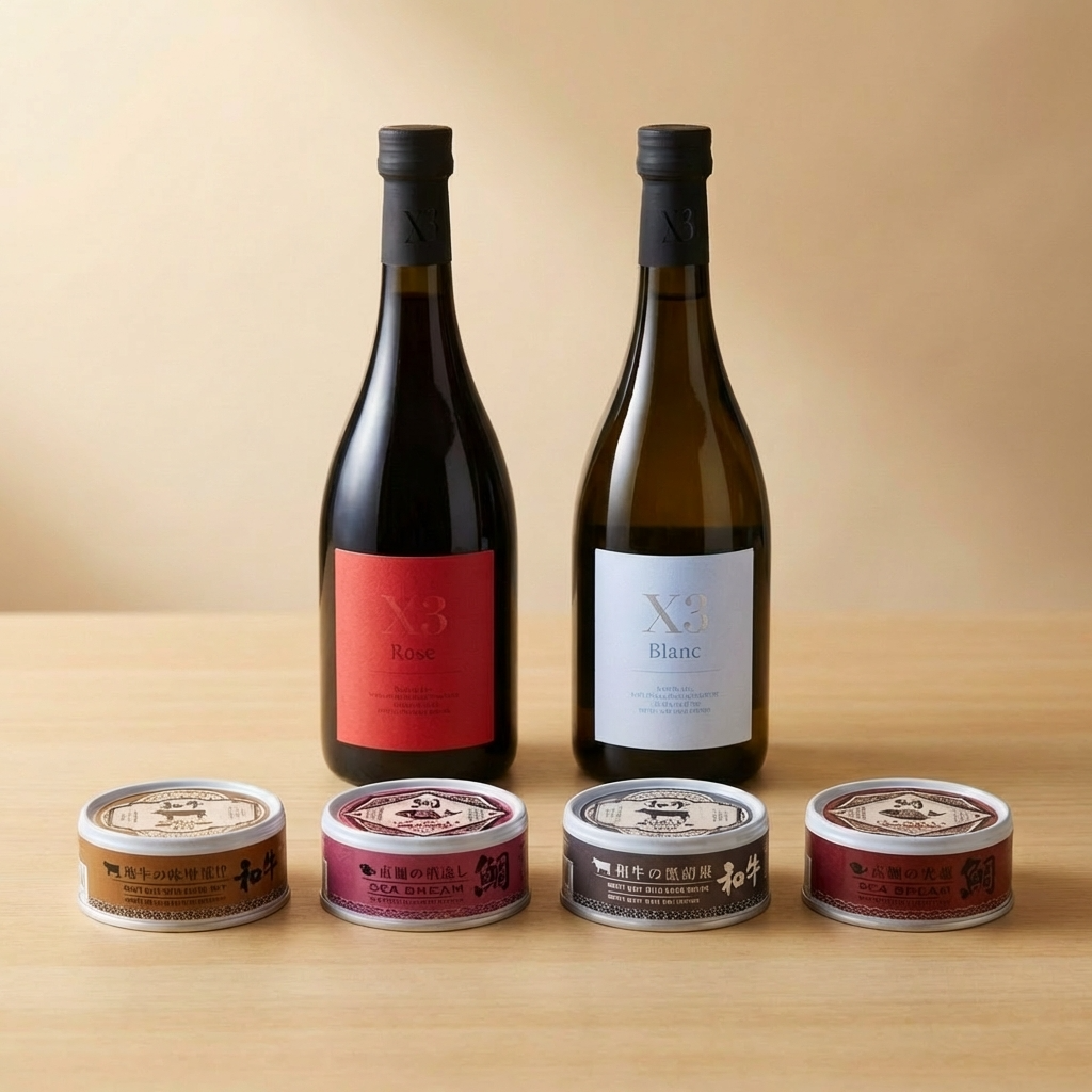 ⑤缶詰とお酒のセット(X3 BLANC、X3 Rose)
