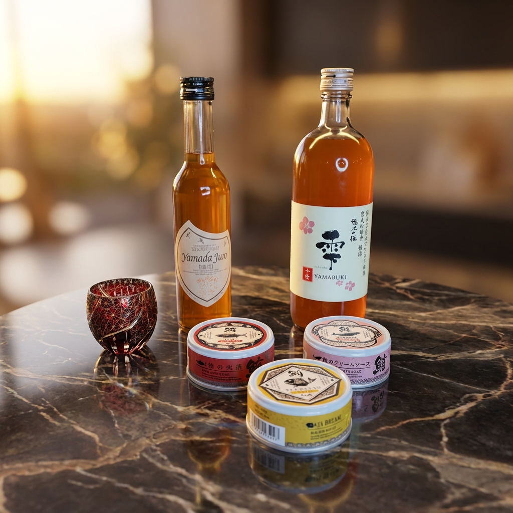 ③缶詰とお酒のセット(純米梅酒・山田十郎、悠久の梅雫 銀撰)