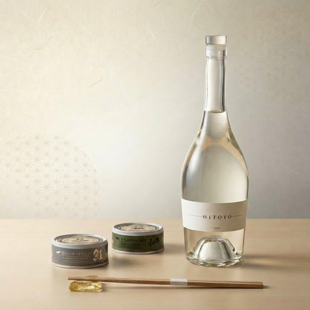 ⑧缶詰とお酒のセット（純米大吟醸酒粕焼酎 HITOYO Salm）