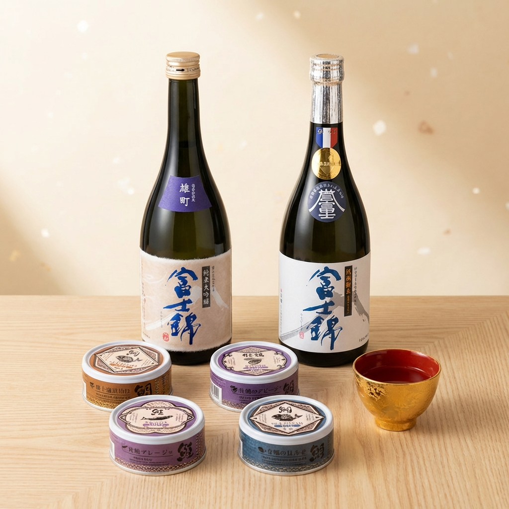 ④缶詰とお酒のセット（純米大吟醸 雄町、特別純米 誉富士）
