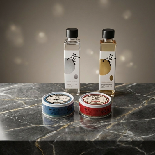 ②缶詰とお酒のセット（株式会社FERMENT8・廣新純米大吟醸、玄米醸造）